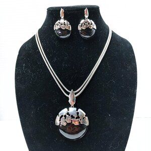 5/$100 Silver Tone Necklace 18” Pendant Black Ball Chain and Earrings